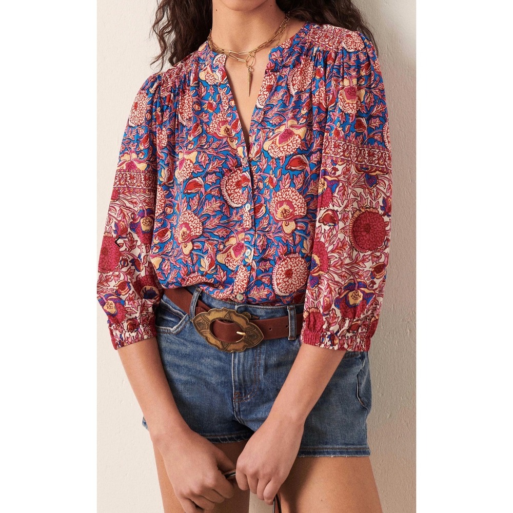 ba&sh Vlad Floral Block Print Blouse Fushia Blue Pink V-Neck Top Size S 1
